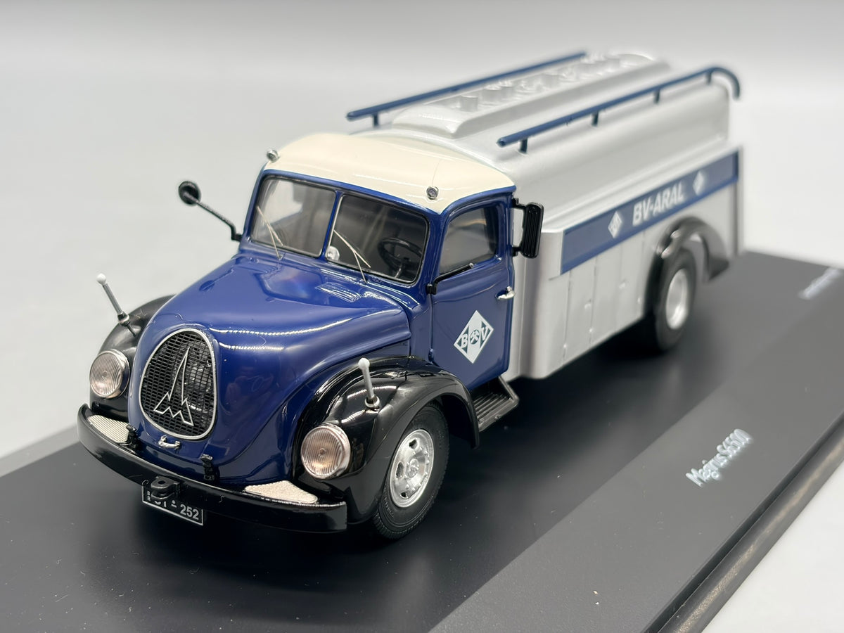 Modellautos 1:43 Schuco Magirus S6500 Tanker BV-Aral mit Vitrine