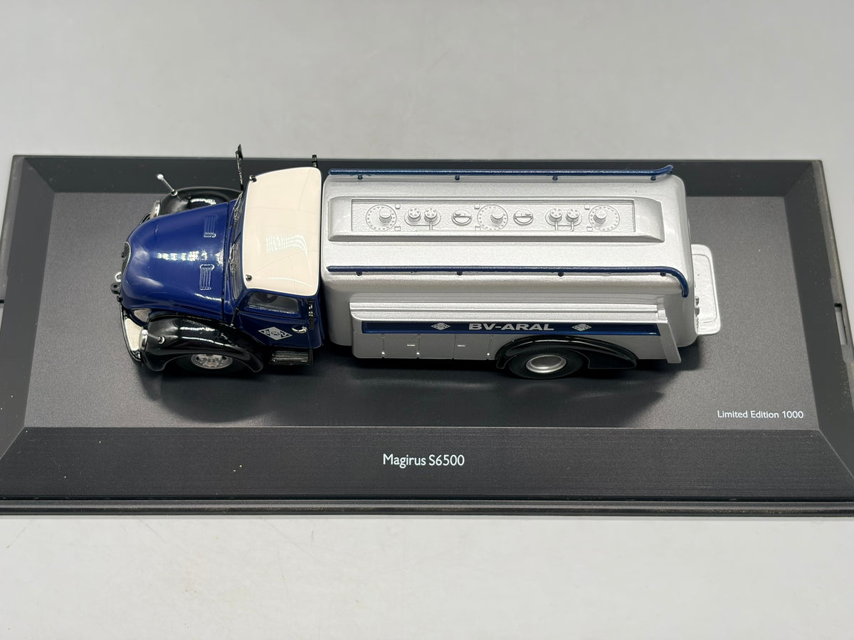 Modellautos 1:43 Schuco Magirus S6500 Tanker BV-Aral mit Vitrine