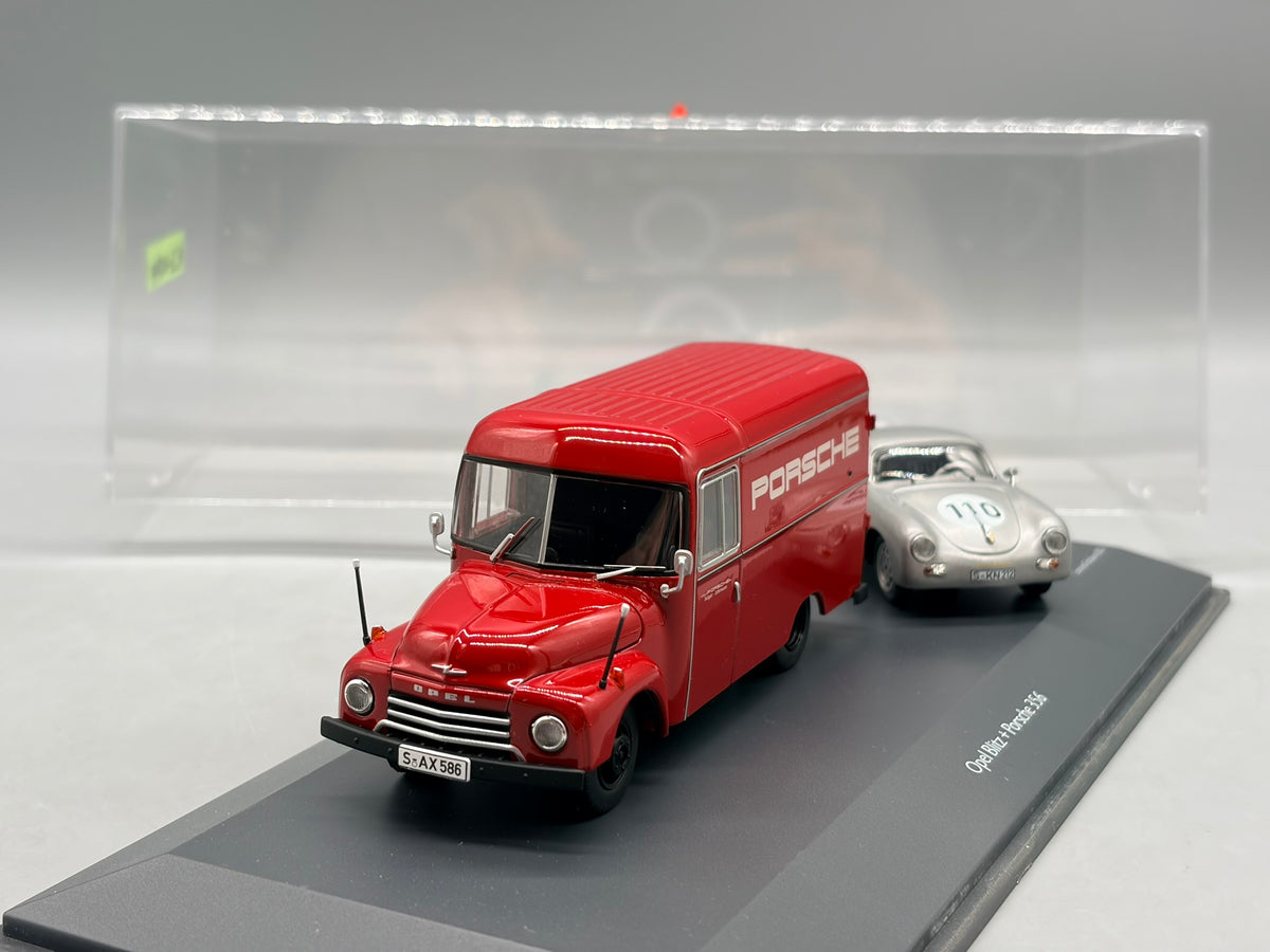 Modellautos 1:43 Schuco Opel Blitz + Porsche 356 mit Vitrine