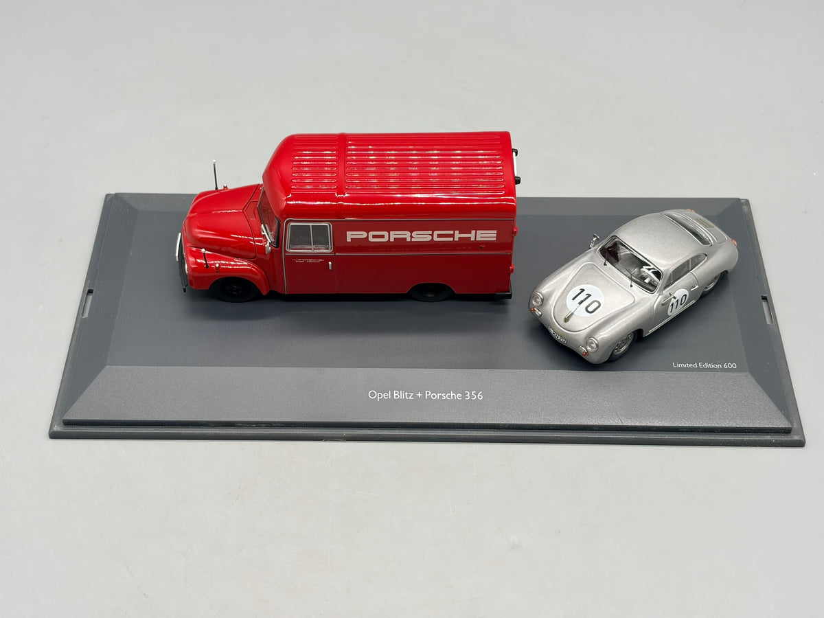 Modellautos 1:43 Schuco Opel Blitz + Porsche 356 mit Vitrine