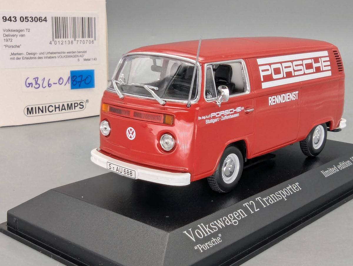 Modelos de coches 1:43 Minichamps Volkswagen VW T2 Transporter Porsche Rojo con embalaje original