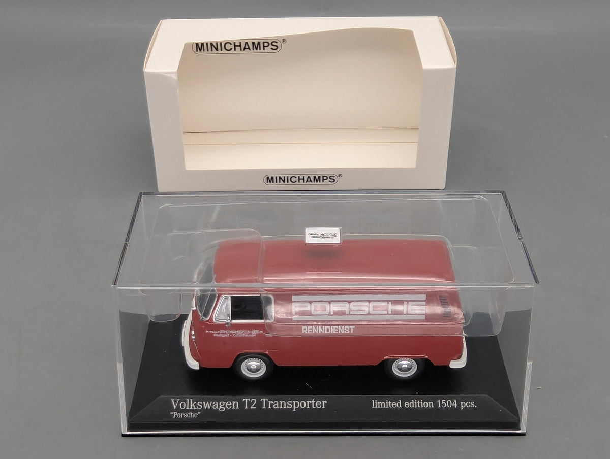 Modelos de coches 1:43 Minichamps Volkswagen VW T2 Transporter Porsche Rojo con embalaje original