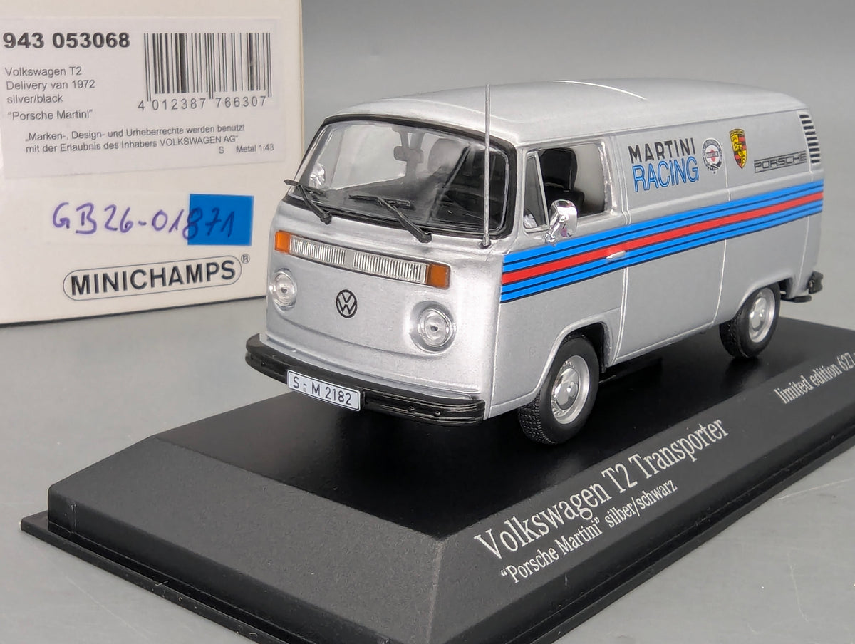 Coches a escala 1:43 Minichamps Volkswagen VW T2 Transporter Porsche Martini Plata con embalaje original