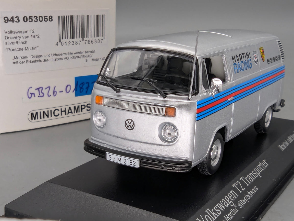 Coches a escala 1:43 Minichamps Volkswagen VW T2 Transporter Porsche Martini Plata con embalaje original