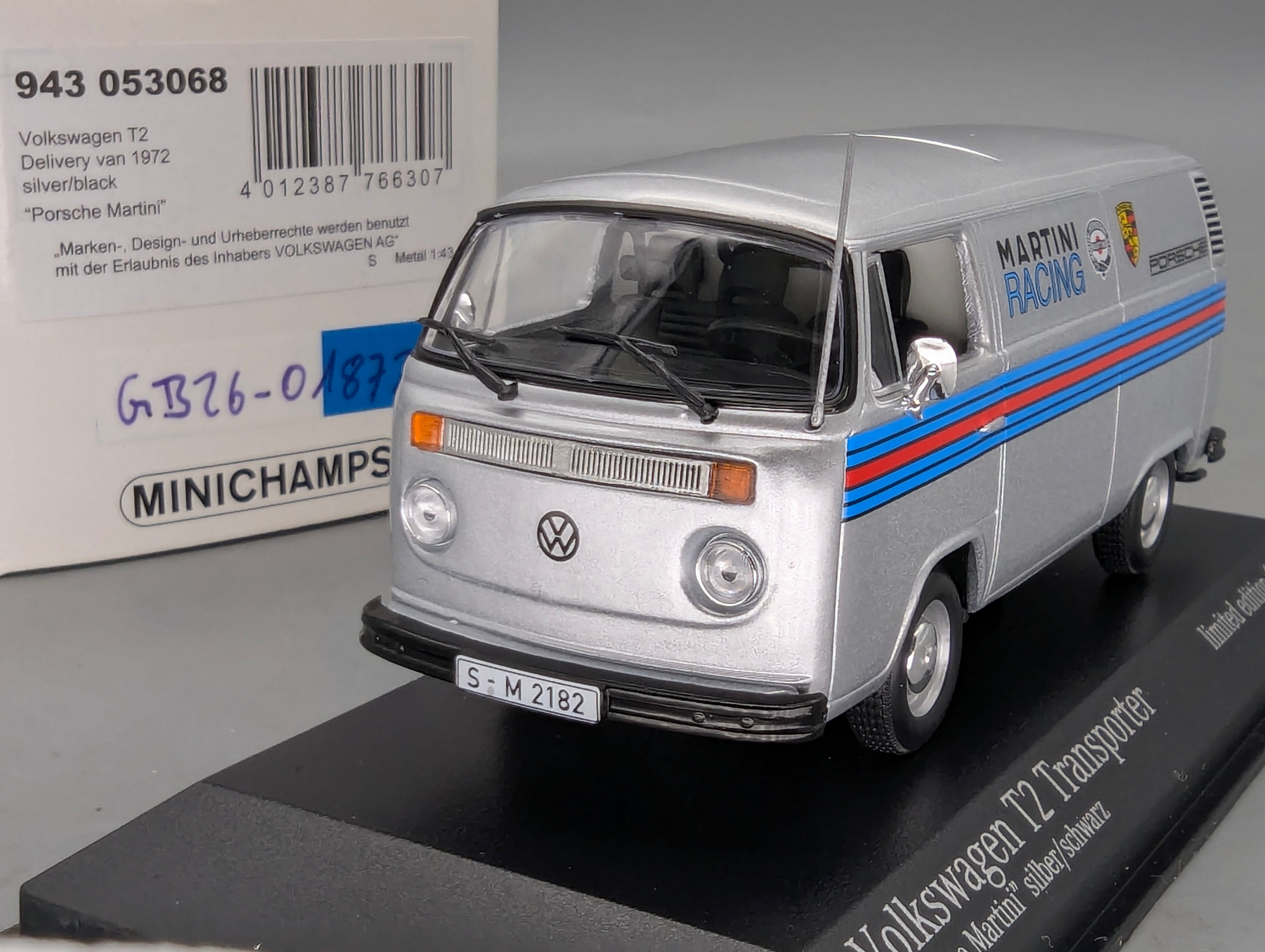 Coches a escala 1:43 Minichamps Volkswagen VW T2 Transporter Porsche Martini Plata con embalaje original