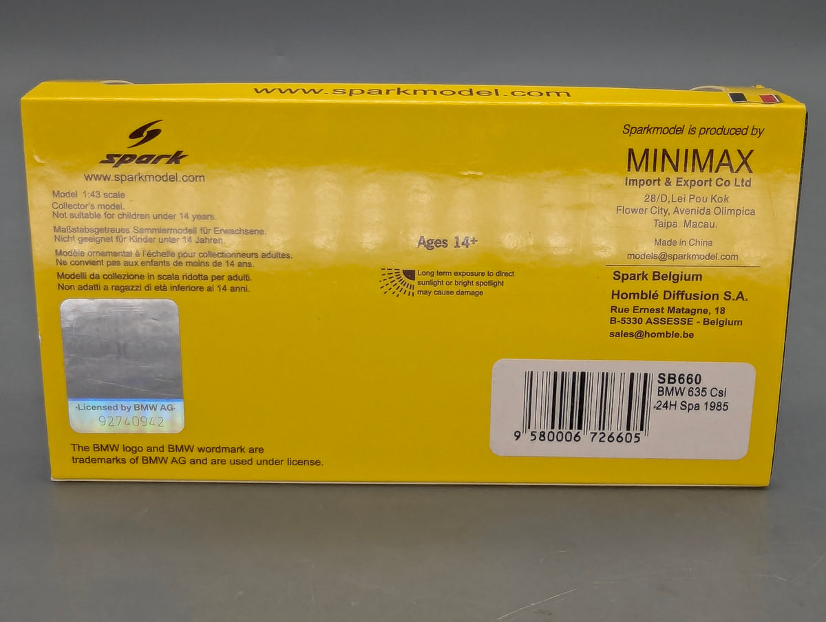 Modellautos 1:43 Spark SB660 BMW 635 CSi 24h Spa 1985 #3 mit OVP