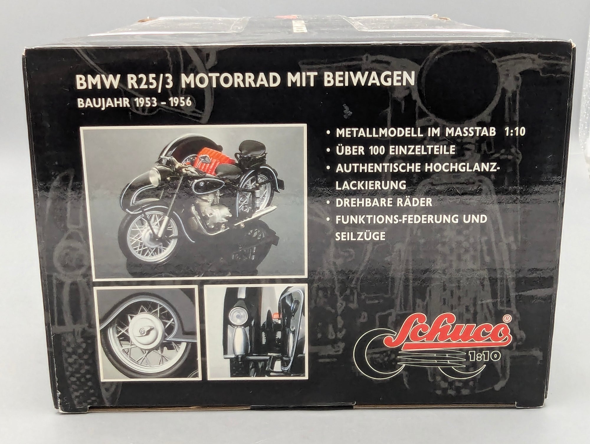 Motorcycle Model 1:10 Schuco BMW R25/3 black with sidecar with original packaging