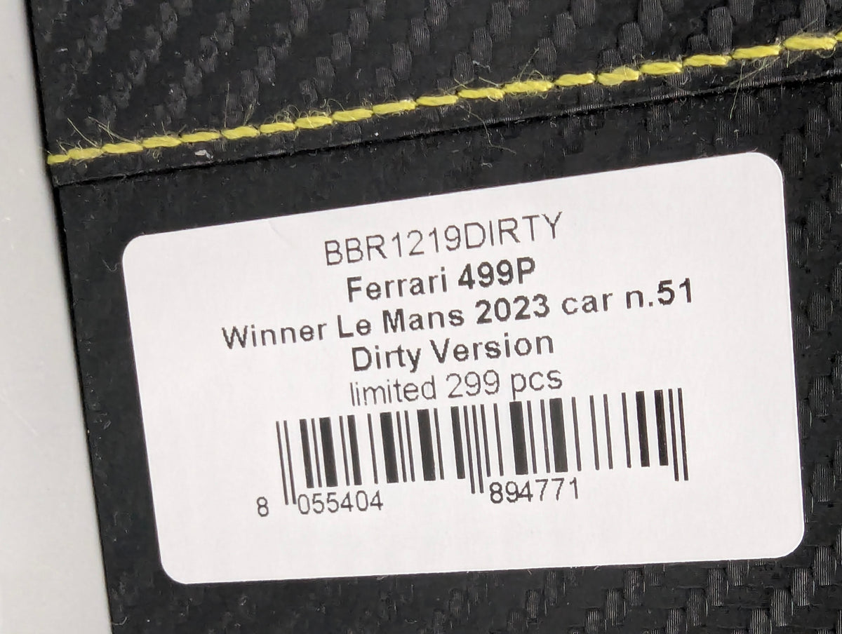 Modellautos 1:12 BBR Ferrari 499P WINNER 24h Le Mans 2023 DIRTY VERSION Ltd 048/299 #51 mit Kofferbox und OVP