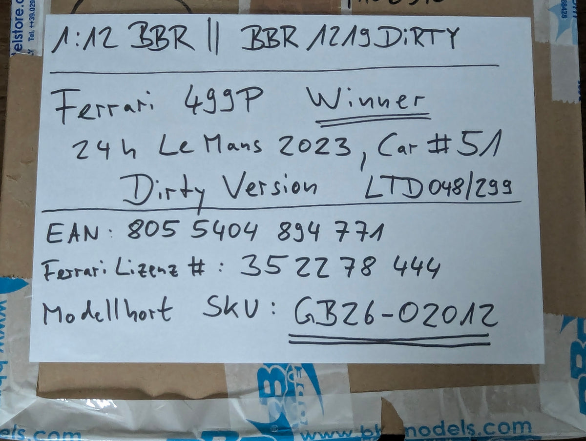 Modellautos 1:12 BBR Ferrari 499P WINNER 24h Le Mans 2023 DIRTY VERSION Ltd 048/299 #51 mit Kofferbox und OVP
