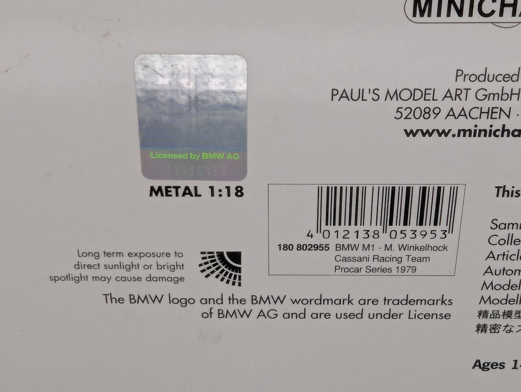 Modellautos 1:18 Minichamps BMW M1 Cassani Procar 1980 #55 M. Winkelhock mit OVP