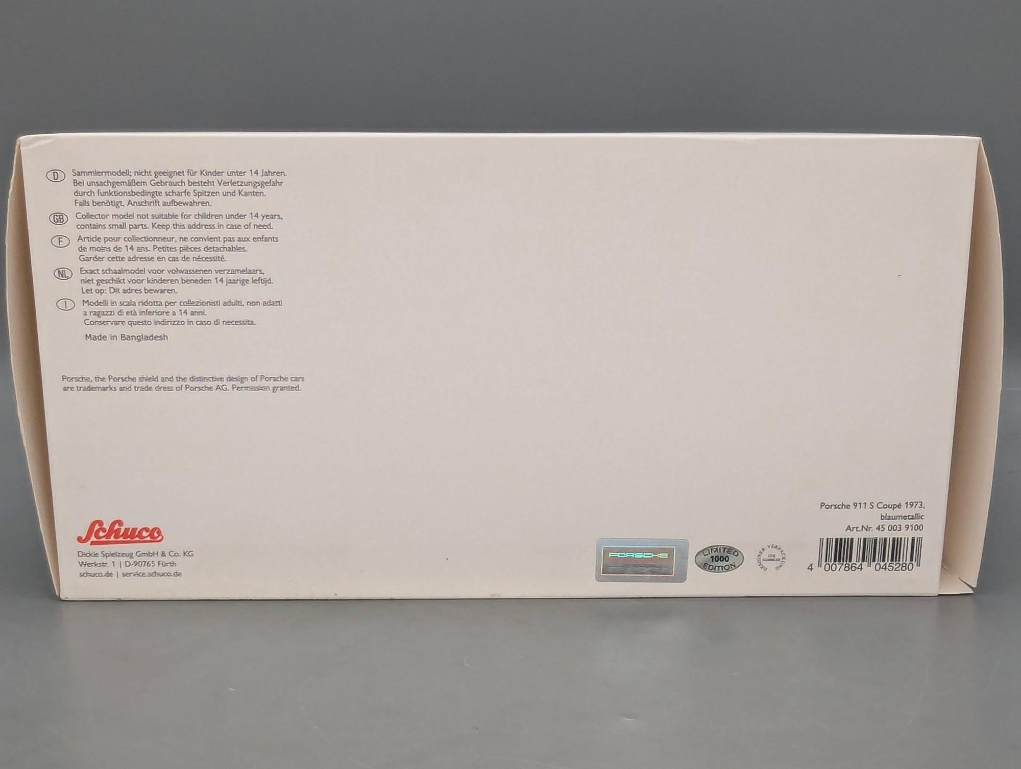 Modellautos 1:18 Schuco Porsche 911 S Coupe 1973 Blau Metallic mit OVP