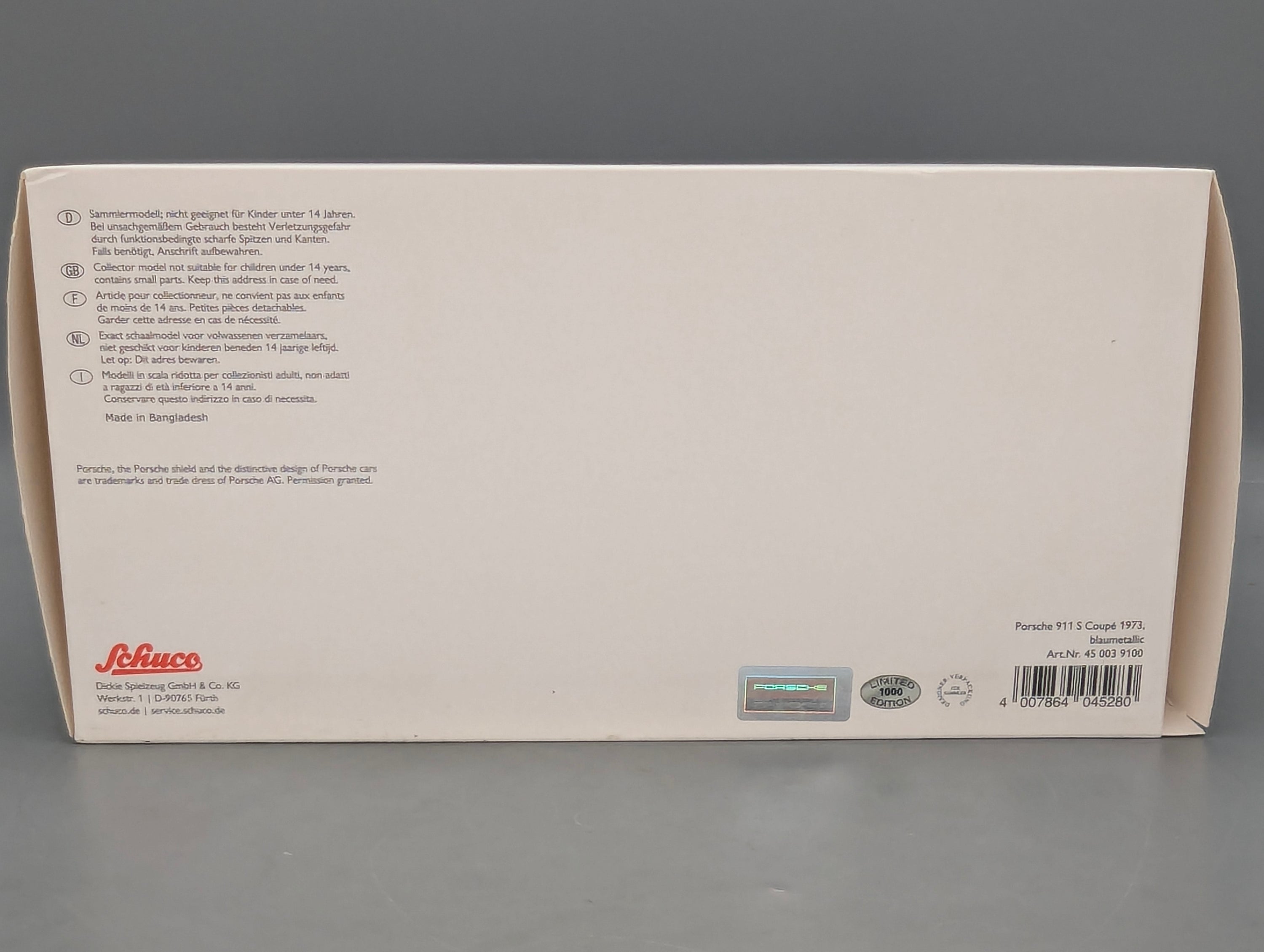 Modellautos 1:18 Schuco Porsche 911 S Coupe 1973 Blau Metallic mit OVP