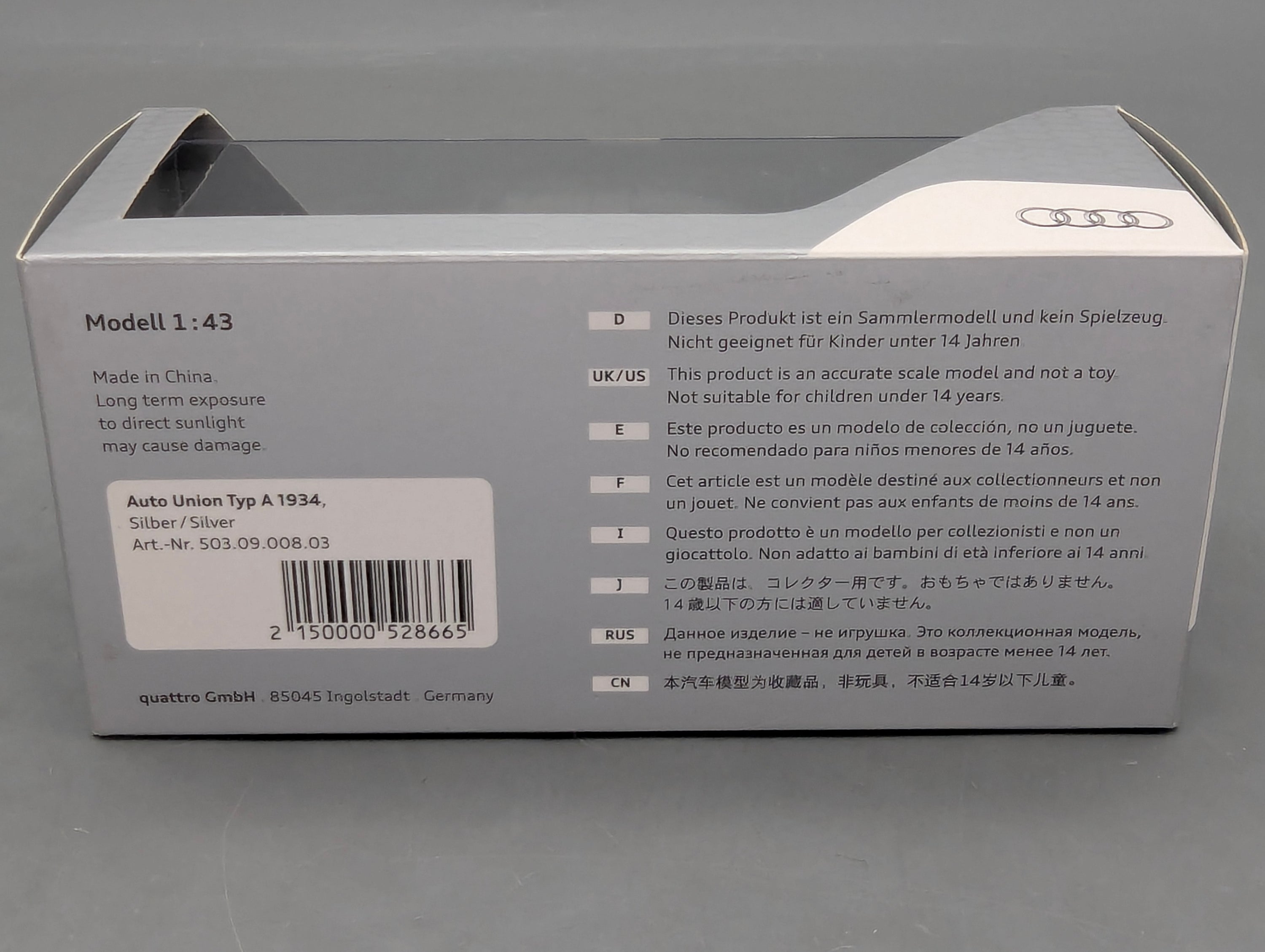 Modellautos 1:43 Minichamps Audi Auto Union Typ A 1934 Silber mit Dealer OVP