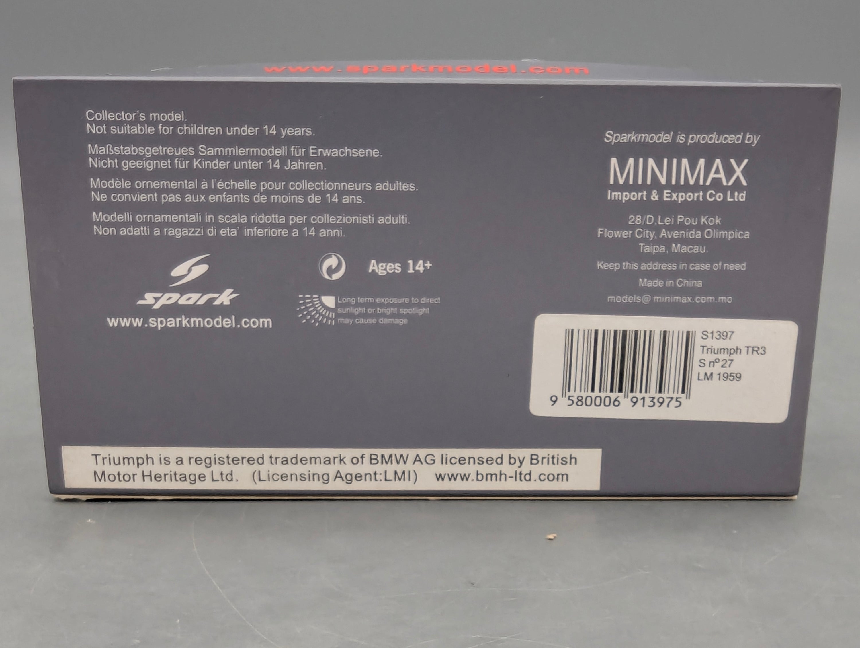Modellautos 1:43 Spark S1397 Triumph TR3 S 24h Le Mans 1959 #27 mit OVP