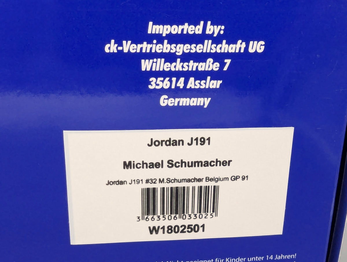Modellautos 1:18 Werk83 Jordan J191 GP Belgien 1991 #32 Michael Schumacher mit OVP