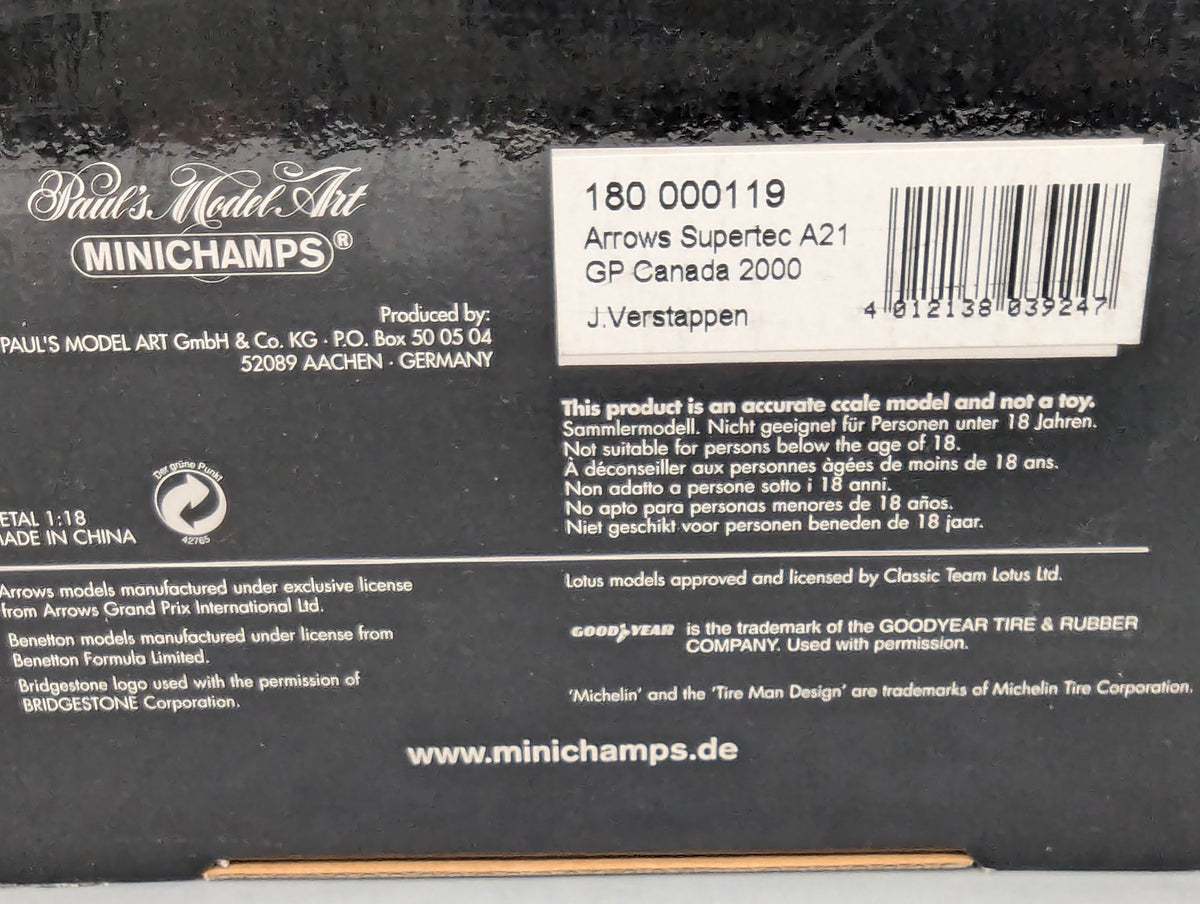 Modellautos 1:18 Minichamps Arrows Supertec A21 GP Canada 2000 #19 Verstappen OVP