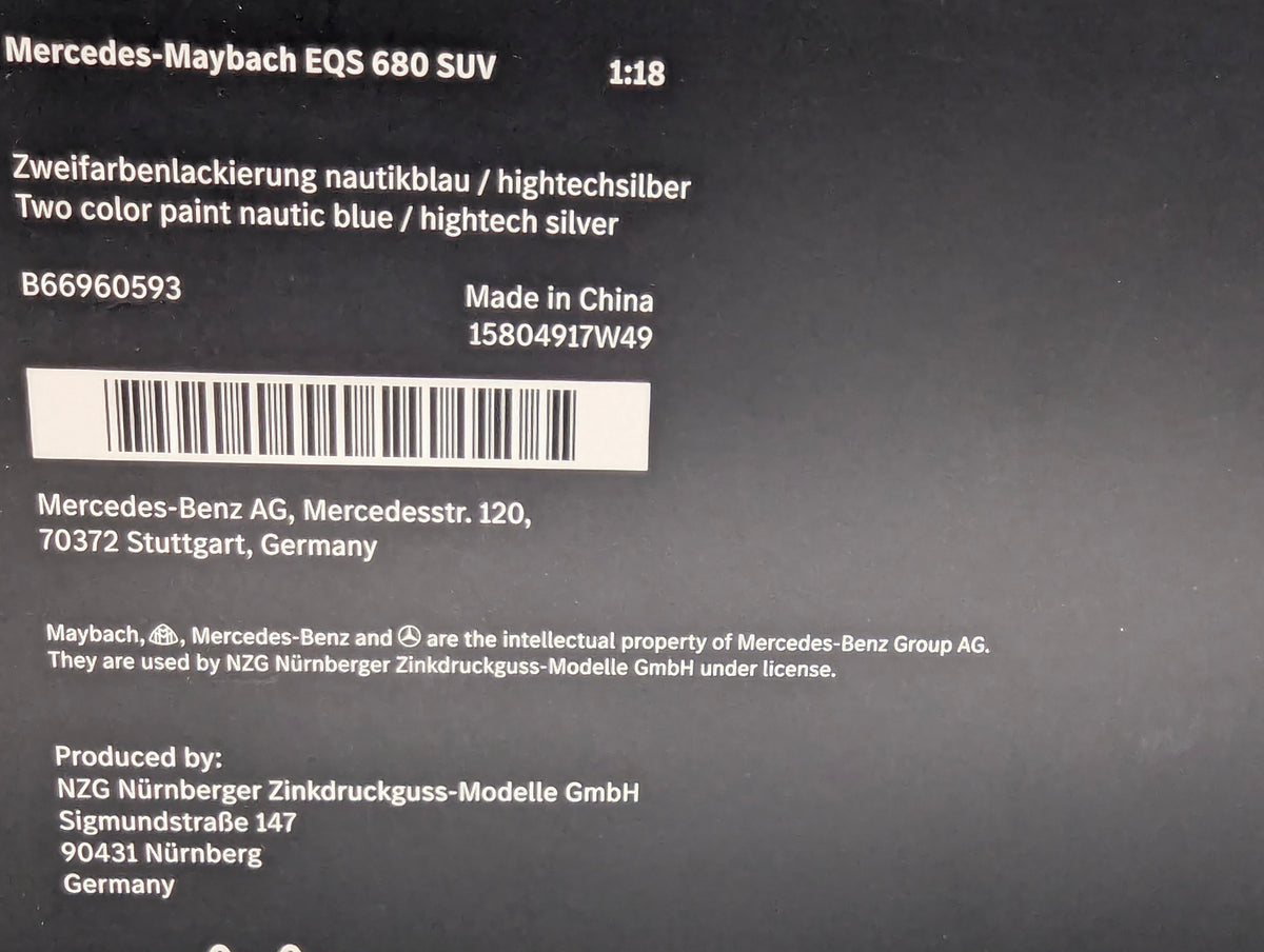 Modellautos 1:18 NZG Mercedes Maybach EQS 680 SUV Nauticblau Hightechsilber OVP