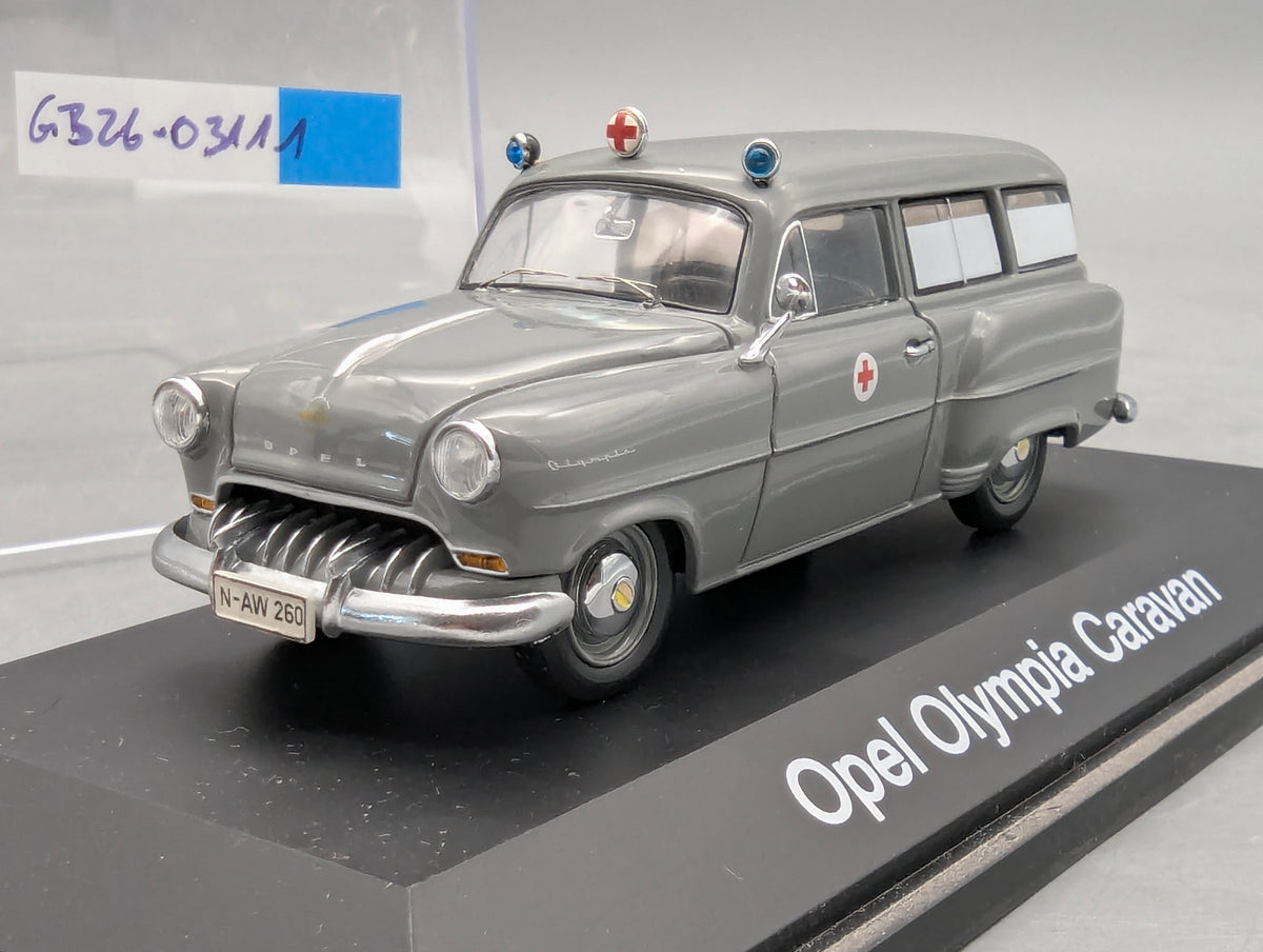Modellautos 1:43 Schuco Opel Olympia Caravan Krankenwagen Grau mit Vitrine