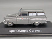 Modellautos 1:43 Schuco Opel Olympia Caravan Krankenwagen Grau mit Vitrine