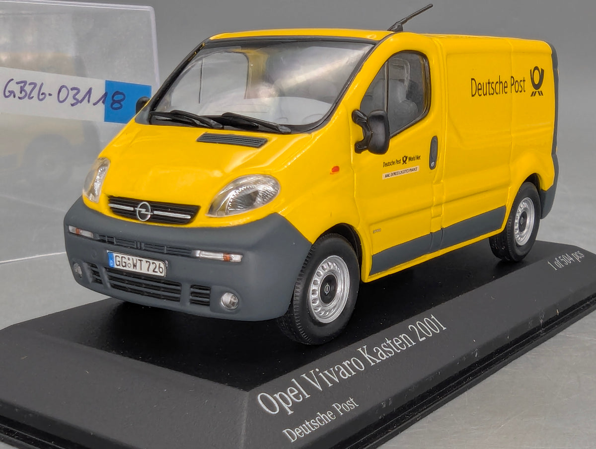 Modellautos 1:43 Minichamps Opel Vivaro Kasten 2001 Deutsche Post Gelb mit Vitrine