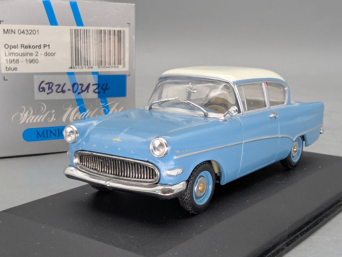 Modellautos 1:43 Minichamps Opel Rekord P1 2-Türer 1958 Blau Weiß mit OVP
