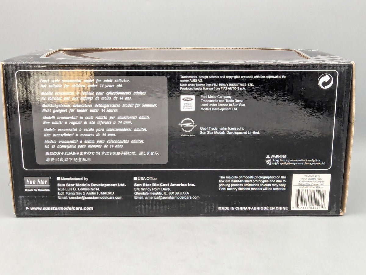 Modellautos 1:18 Sun Star 4221 Audi Quattro Rally Cote D'Ivoire 1982 #5 mit OVP