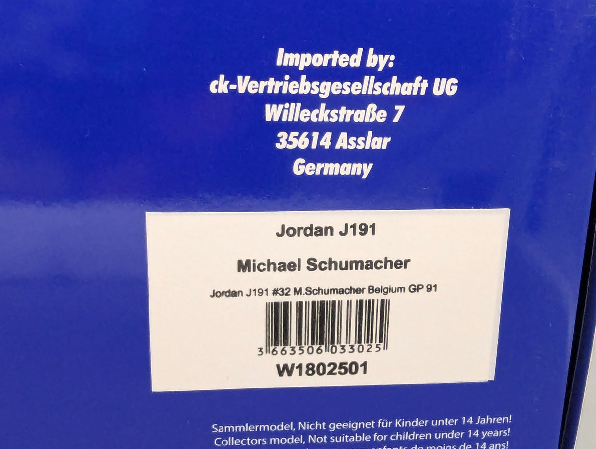 Modellautos 1:18 Werk83 Jordan Ford J191 Belgien GP 1991 #32 M. Schumacher OVP
