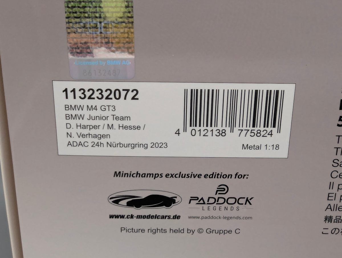 Modellautos 1:18 Minichamps BMW M4 GT3 24h Nbrg 2023 Junior Team #72 mit OVP