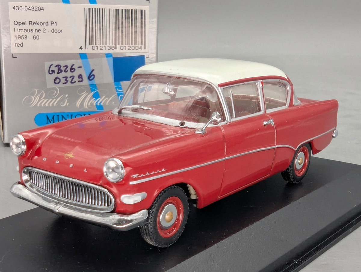 Modellautos 1:43 Minichamps Opel Rekord P1 2-Türer 1958 Rot Weiß mit OVP