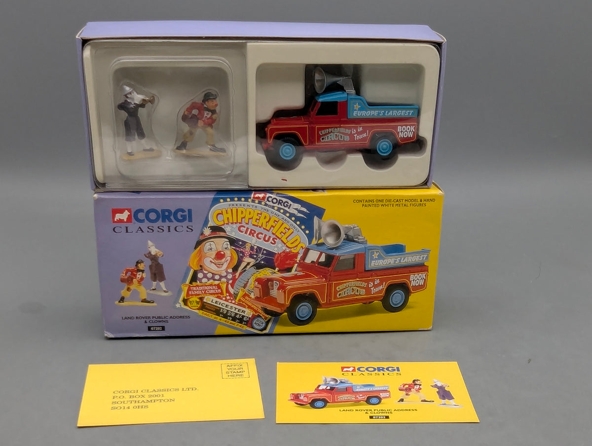 Modellautos 1:43 Corgi Toys 07202 Land Rover Public Address & 2 Clowns OVP