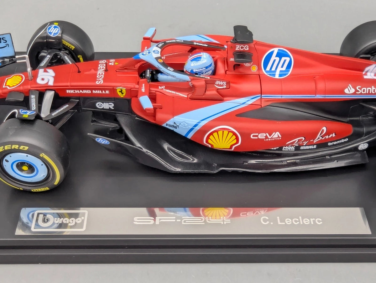 Modellautos 1:18 Bburago Ferrari SF24 Miami 2024 #16 C. Leclerc mit Vitrine OVP