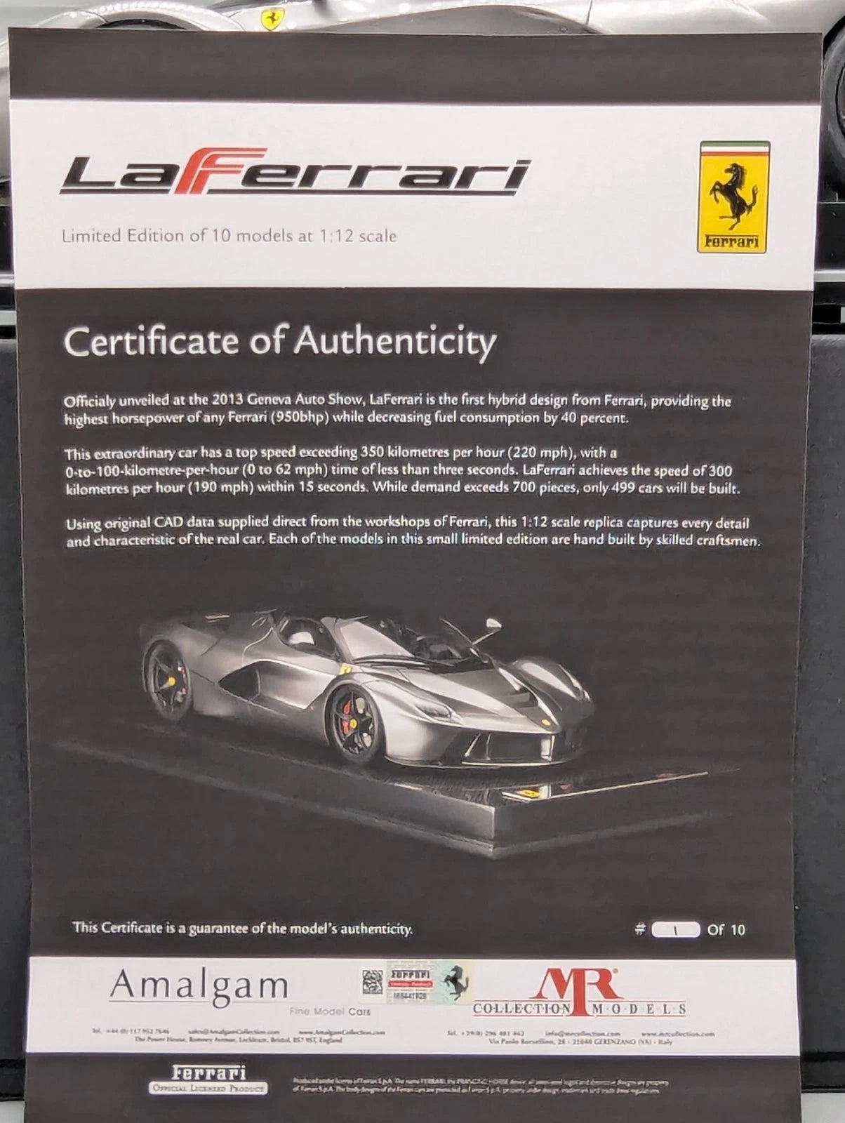 Modellautos 1:12 Amalgam Ferrari La Ferrari Ltd #01/10 Silber Zertifikat mit OVP