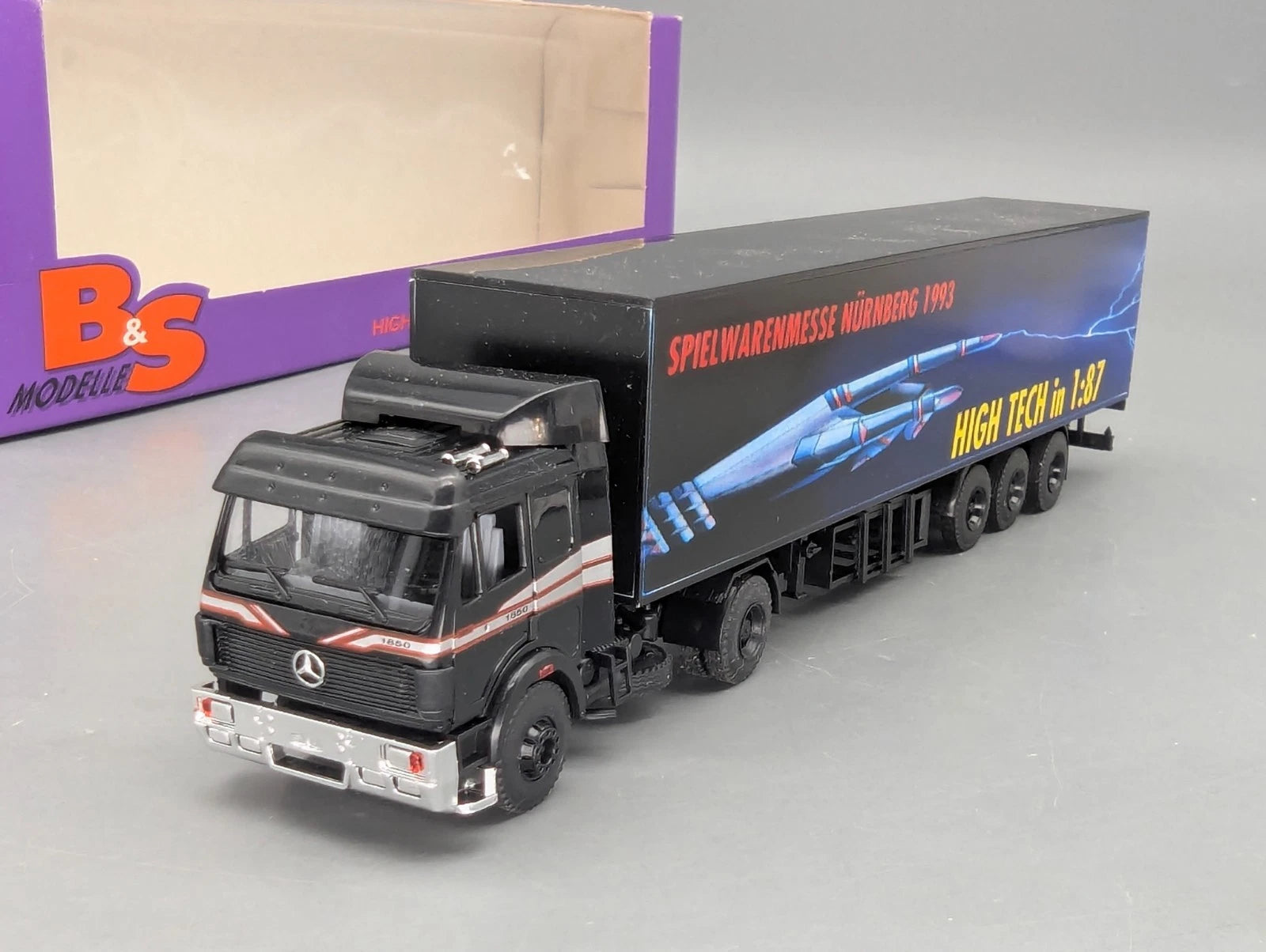Lkw Modell 1:87 B&S Mercedes-Benz 1850 mit Kofferauflieger Nürnberg 1993 mit OVP