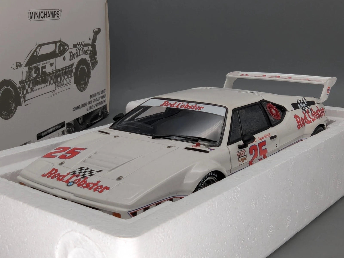 Modellautos 1:18 Minichamps BMW M1 Red Lobster WINNER Riverside 1981 #25 mit OVP
