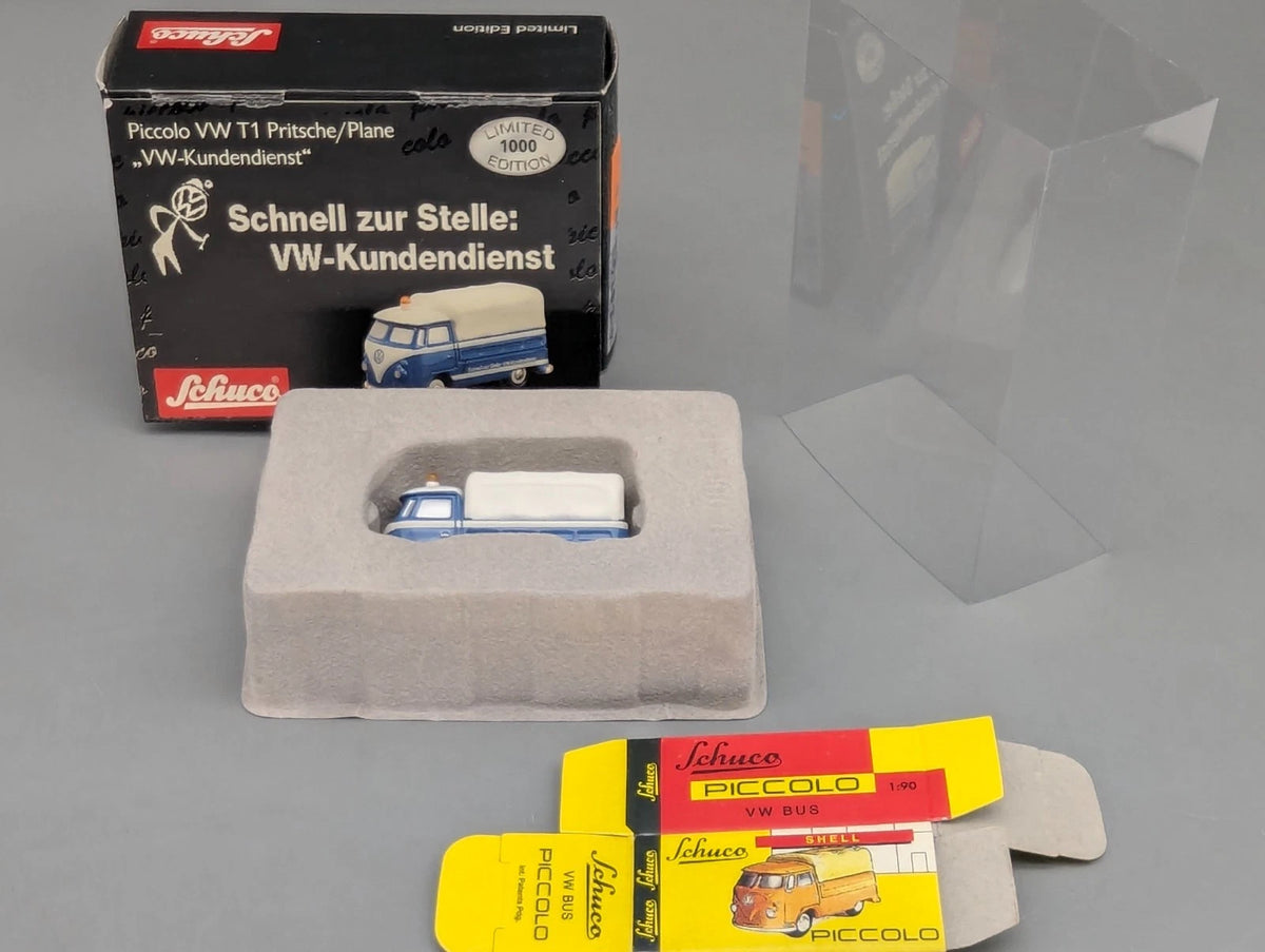 Modellautos 1:90 Schuco Piccolo VW T1 Pritsche / Plane VW-Kundendienst in OVP