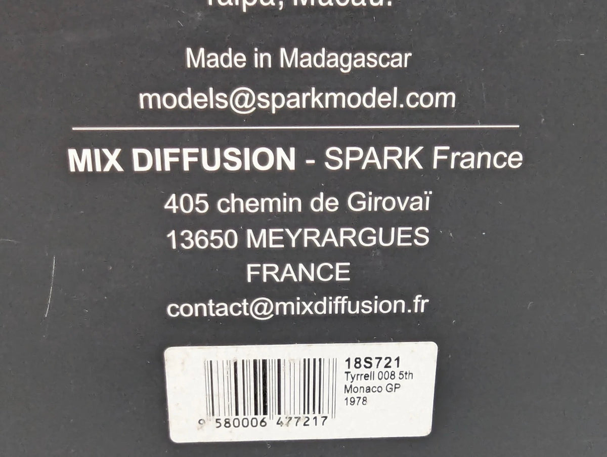 Modellautos 1:18 Spark 18S721 Tyrrell 008 Monaco GP '78 #3 Pironi BESCHÄDIGT OVP