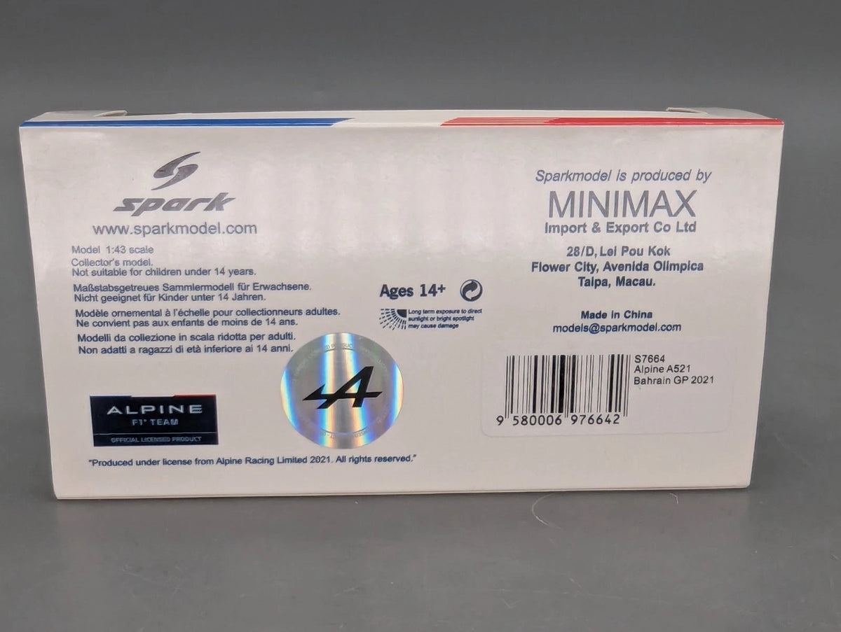 Modellautos 1:43 Spark S7664 Alpine A521 Bahrain GP 2021 #14 F. Alonso OVP