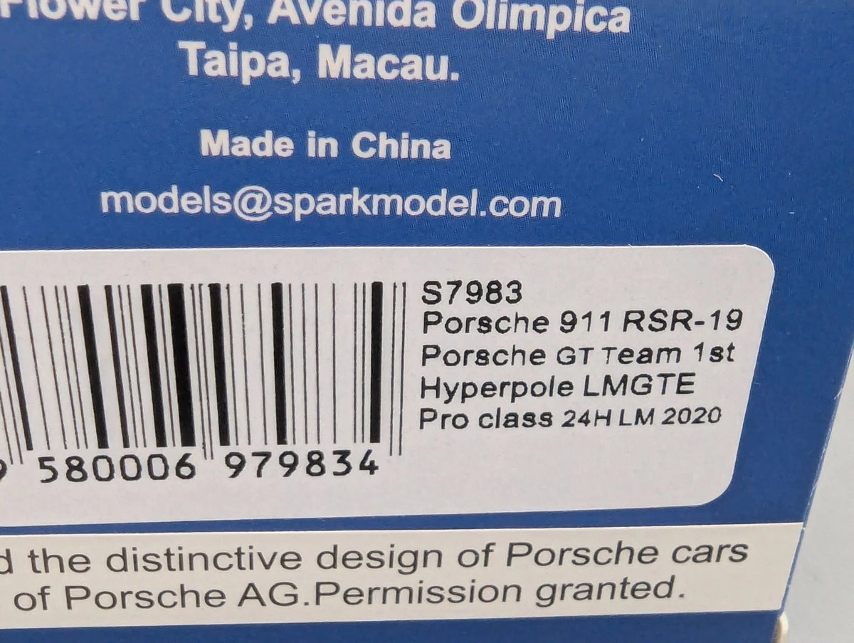 Modellautos 1:43 Spark S7983 Porsche 911 RSR-19 1.Pole 24h Le Mans 2020 #91 OVP