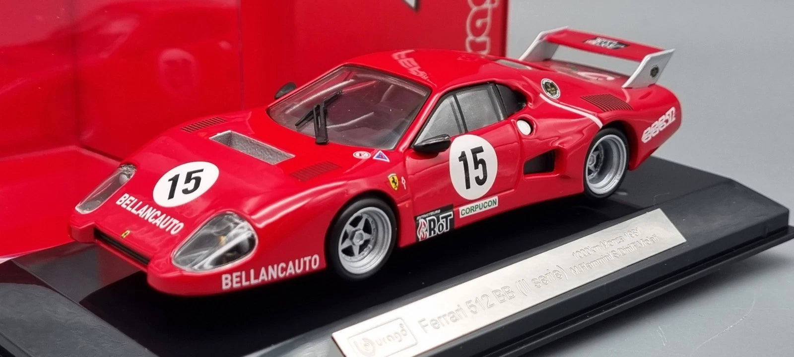 Modellautos 1:43 Bburago Racing Ferrari 512 BB 1000km Monza 1981 #15 OVP
