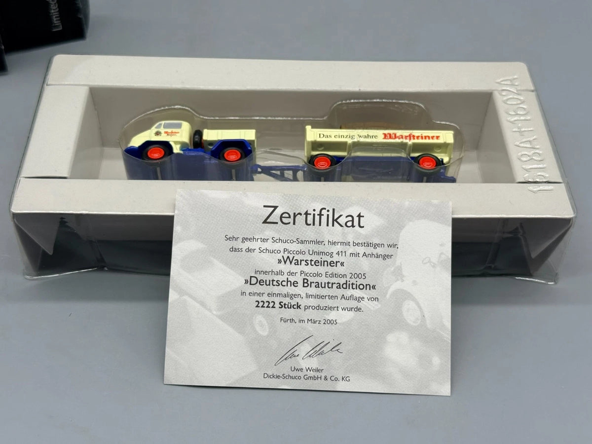 Modellautos 1:90 Schuco Piccolo 2er-Set Unimog + Anhänger Warsteiner in OVP