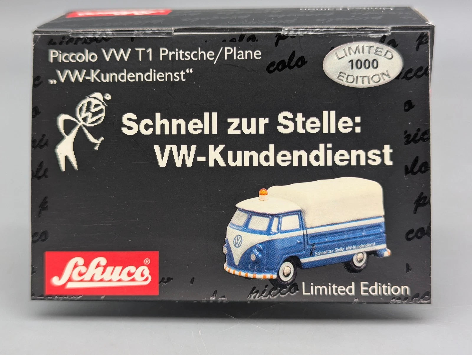 Modellautos 1:90 Schuco Piccolo VW T1 Pritsche / Plane VW-Kundendienst in OVP