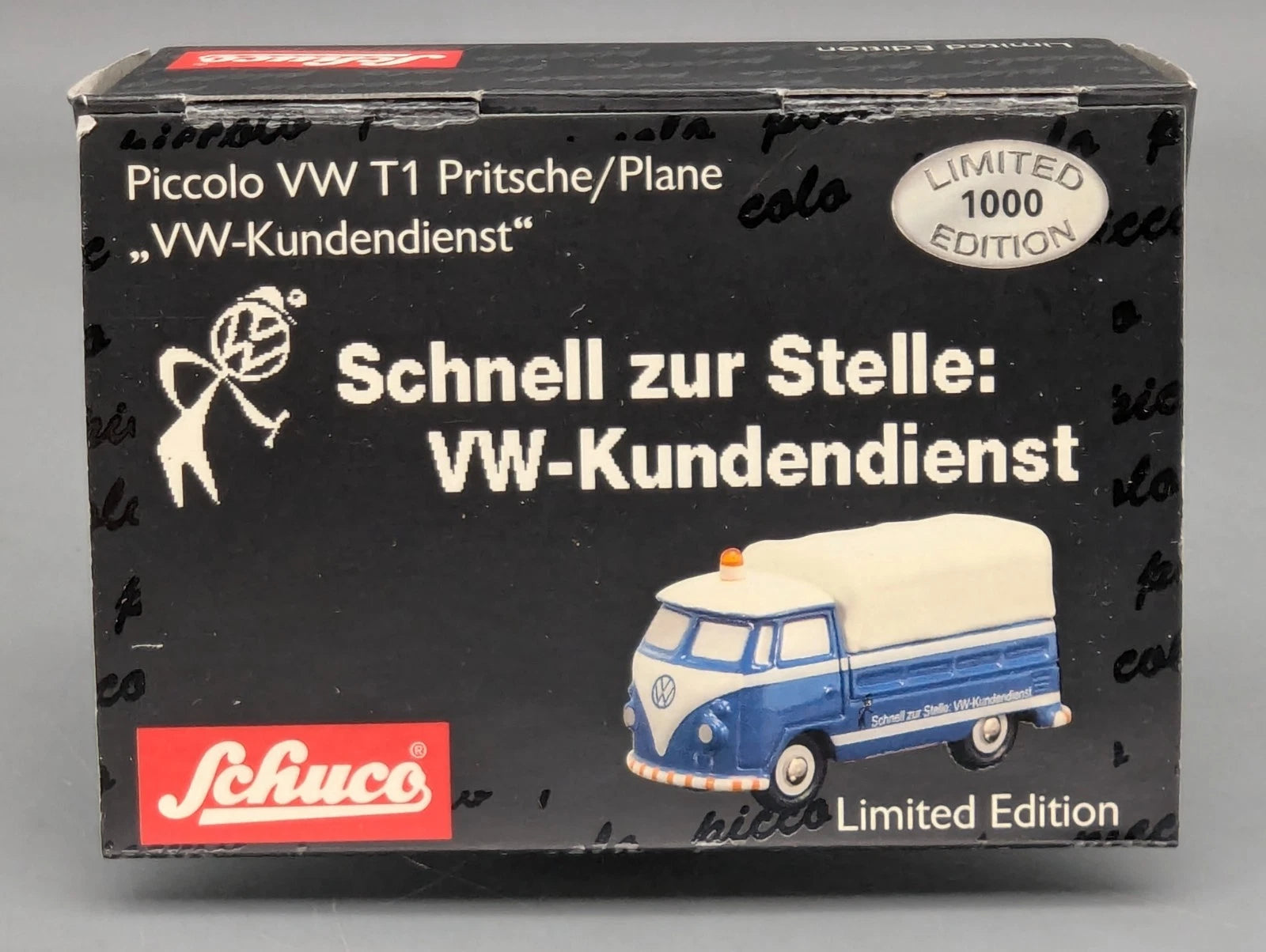 Modellautos 1:90 Schuco Piccolo VW T1 Pritsche / Plane VW-Kundendienst in OVP