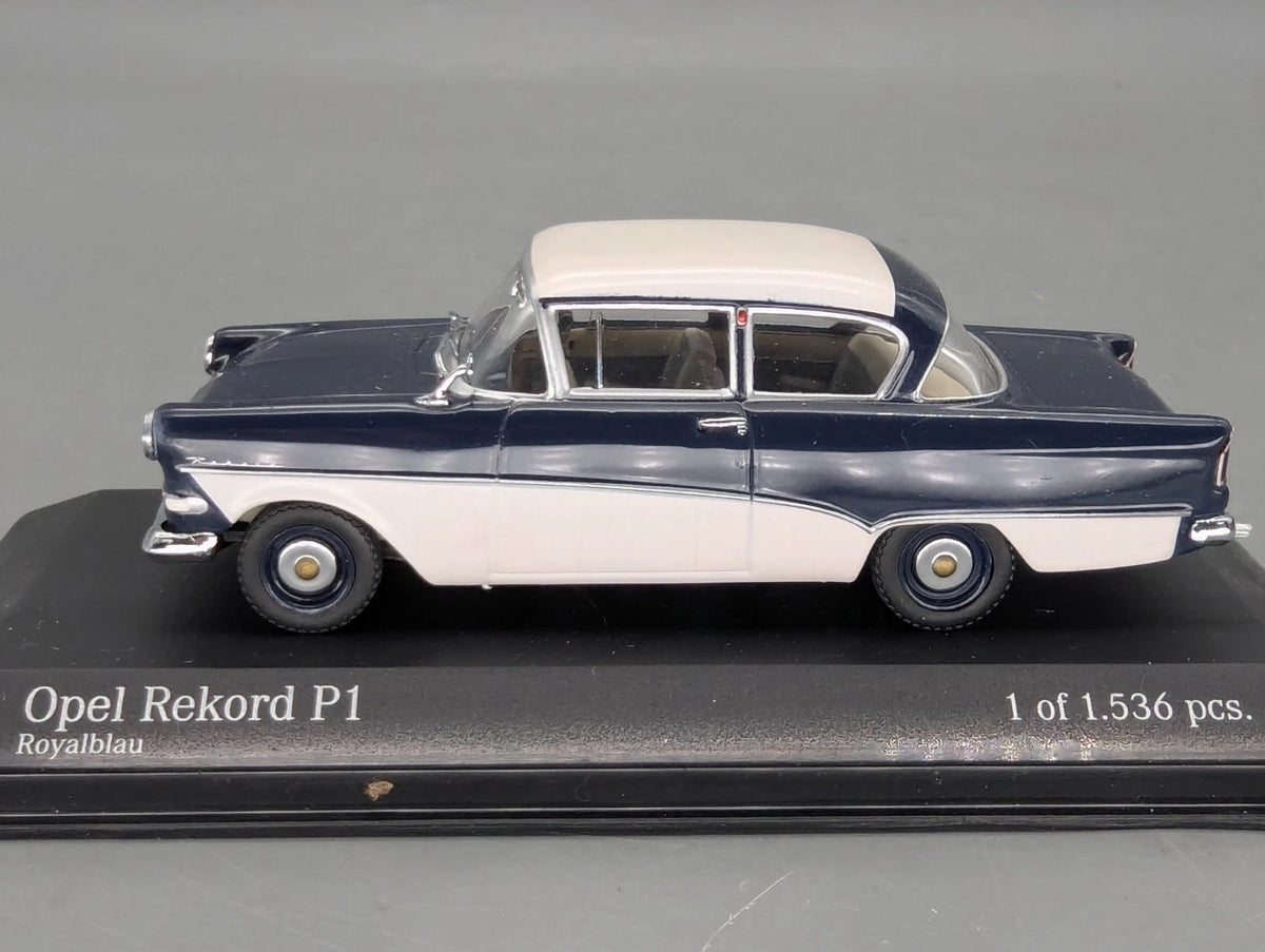 Modellautos 1:43 Minichamps Opel Rekord P1 1958 Royalblau Dark Blue Blau mit OVP