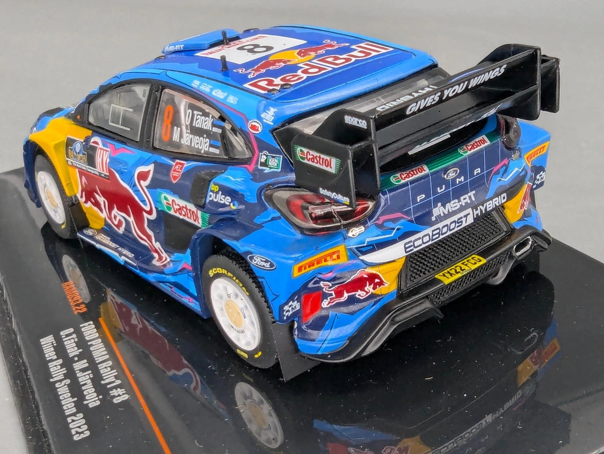 Modellautos 1:43 Ixo Ford Puma Rally1 Winner Rally Sweden 2023 #8 mit Vitrine