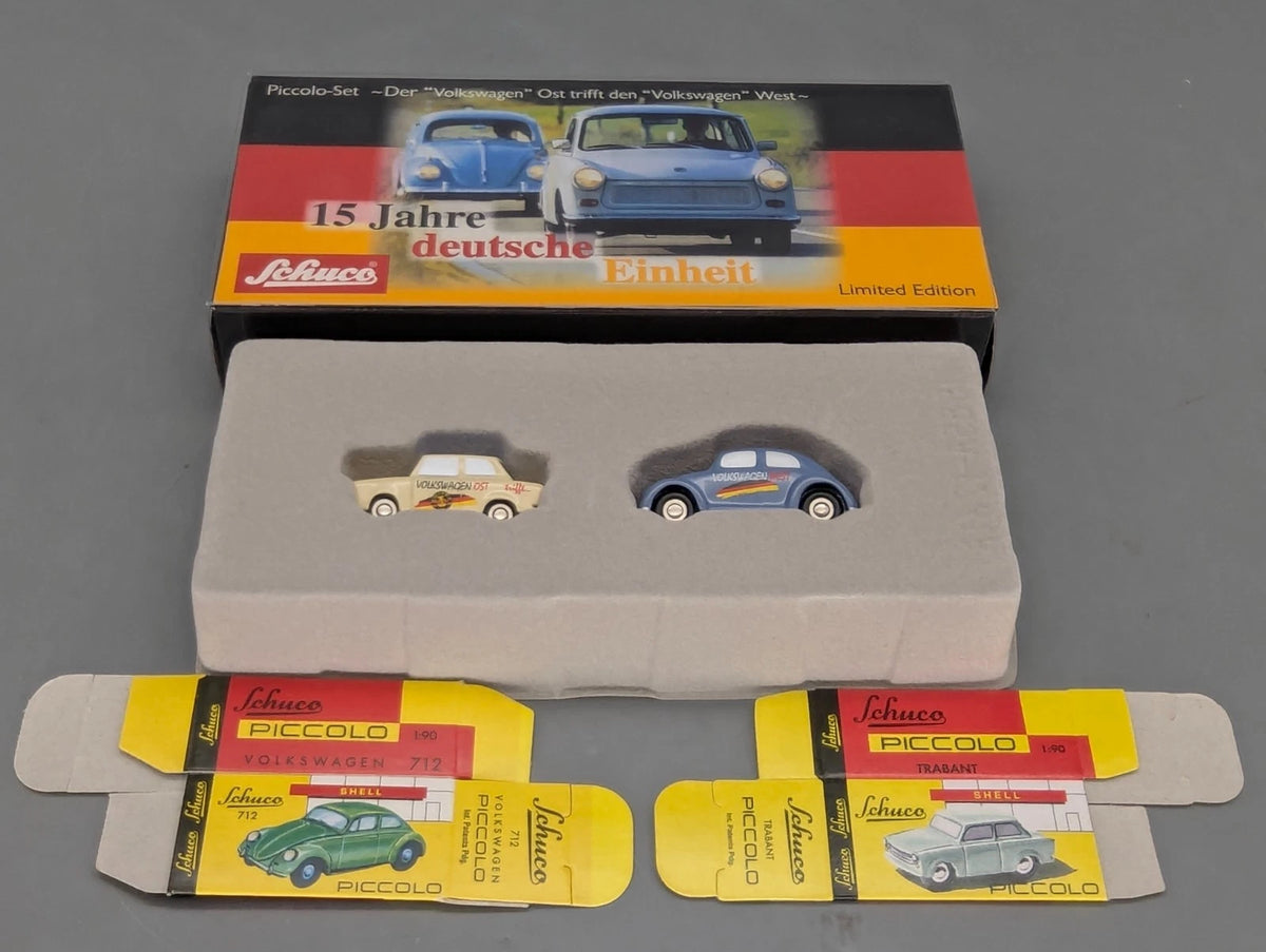 Modellautos 1:90 Schuco Piccolo Set 15 Jahre deutsche Einheit VW + Trabant OVP