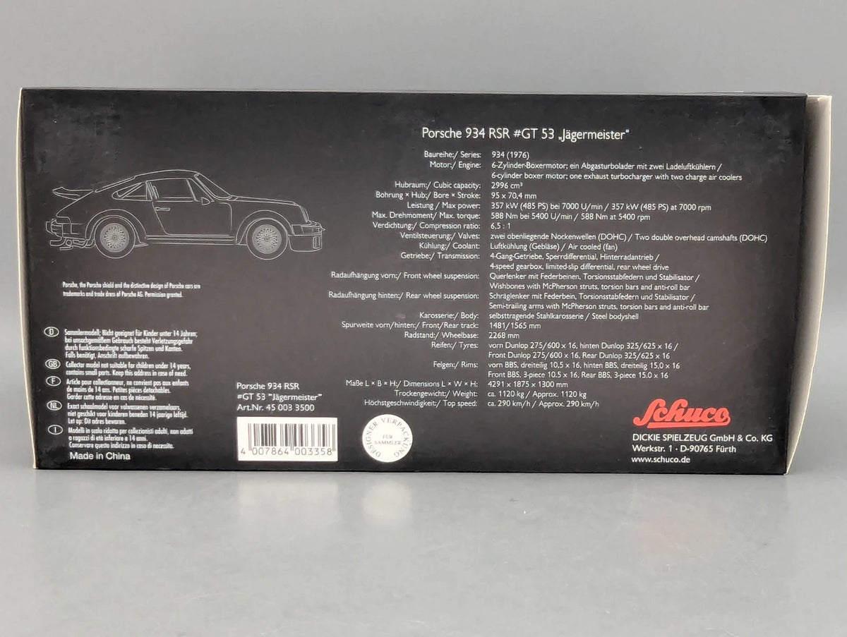 Modellautos 1:18 Schuco Porsche 934 RSR Jägermeister #GT53 mit OVP