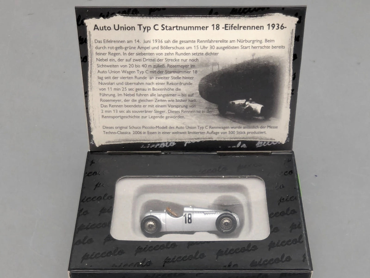 Modellautos 1:90 Schuco Piccolo Auto Union Typ C Eifelrennen 1936 #18 in OVP
