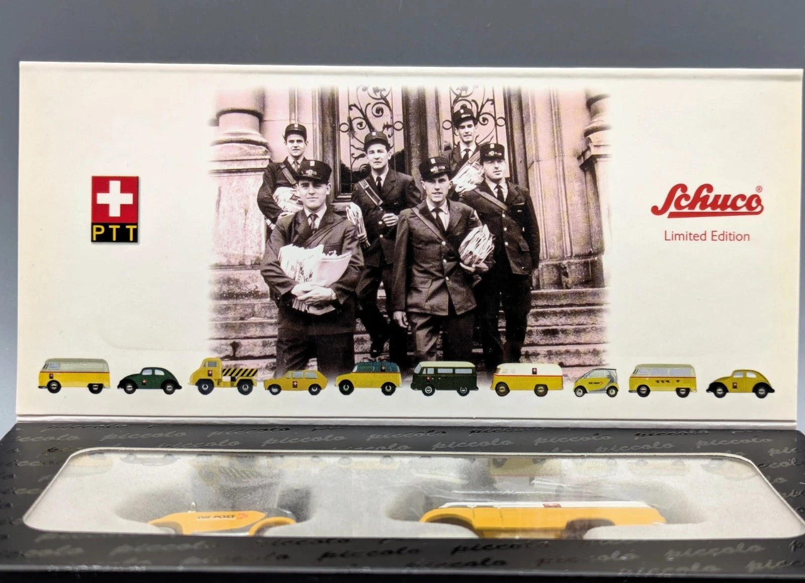 Modellautos 1:90 Schuco Piccolo Set "PTT" mit Mercedes-Benz L319 und Smart OVP