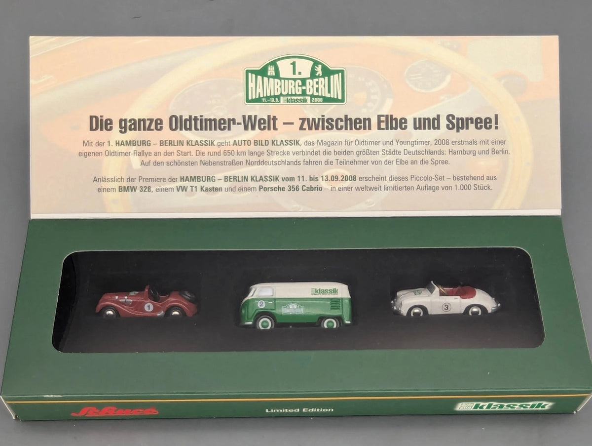 Modellautos 1:90 Schuco Piccolo-Set Oldtimer Rallye im Norden Hamburg Berlin OVP