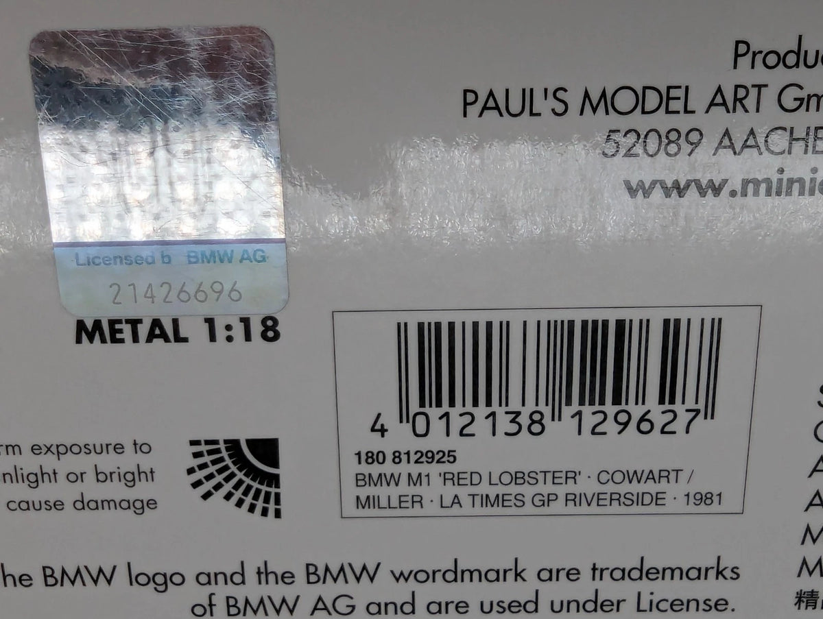 Modellautos 1:18 Minichamps BMW M1 Red Lobster WINNER Riverside 1981 #25 mit OVP